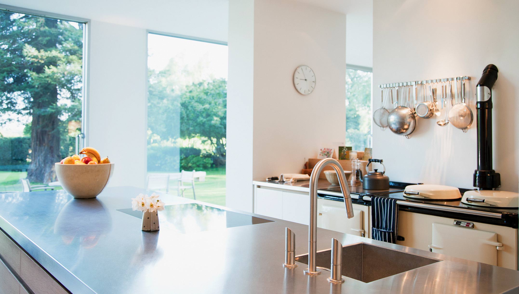 AGA in kitchen with large windows